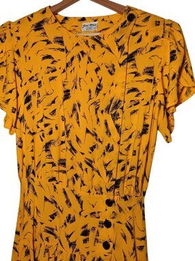 Joni Blair Size 7 Dress Gold Black Abstract Drop Wasit Vintage 80s Retro Button
